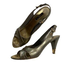 LOUIS VUITTON Slingback Heels 40 Monogram Vernis Patent Leather Sandals Gold‎